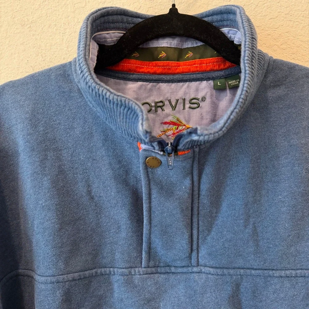 Orvis Mens Blue Quarter Zip Pullover Sweatshirt L Fly Fishing Embroidery Cotton